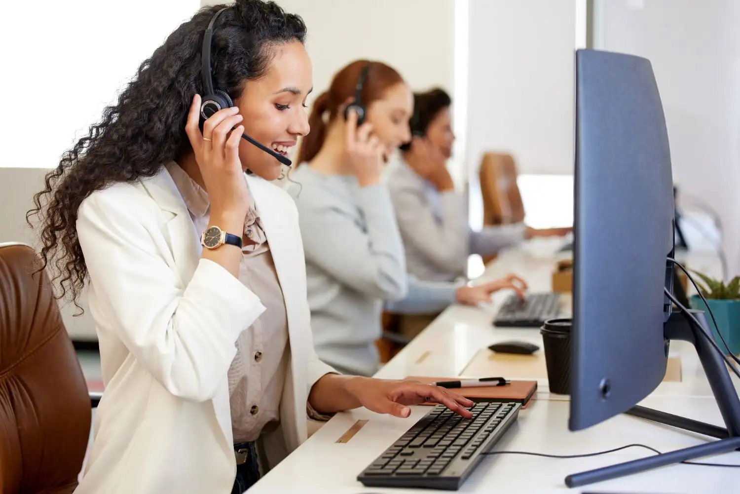 Woman with a headset on smiling